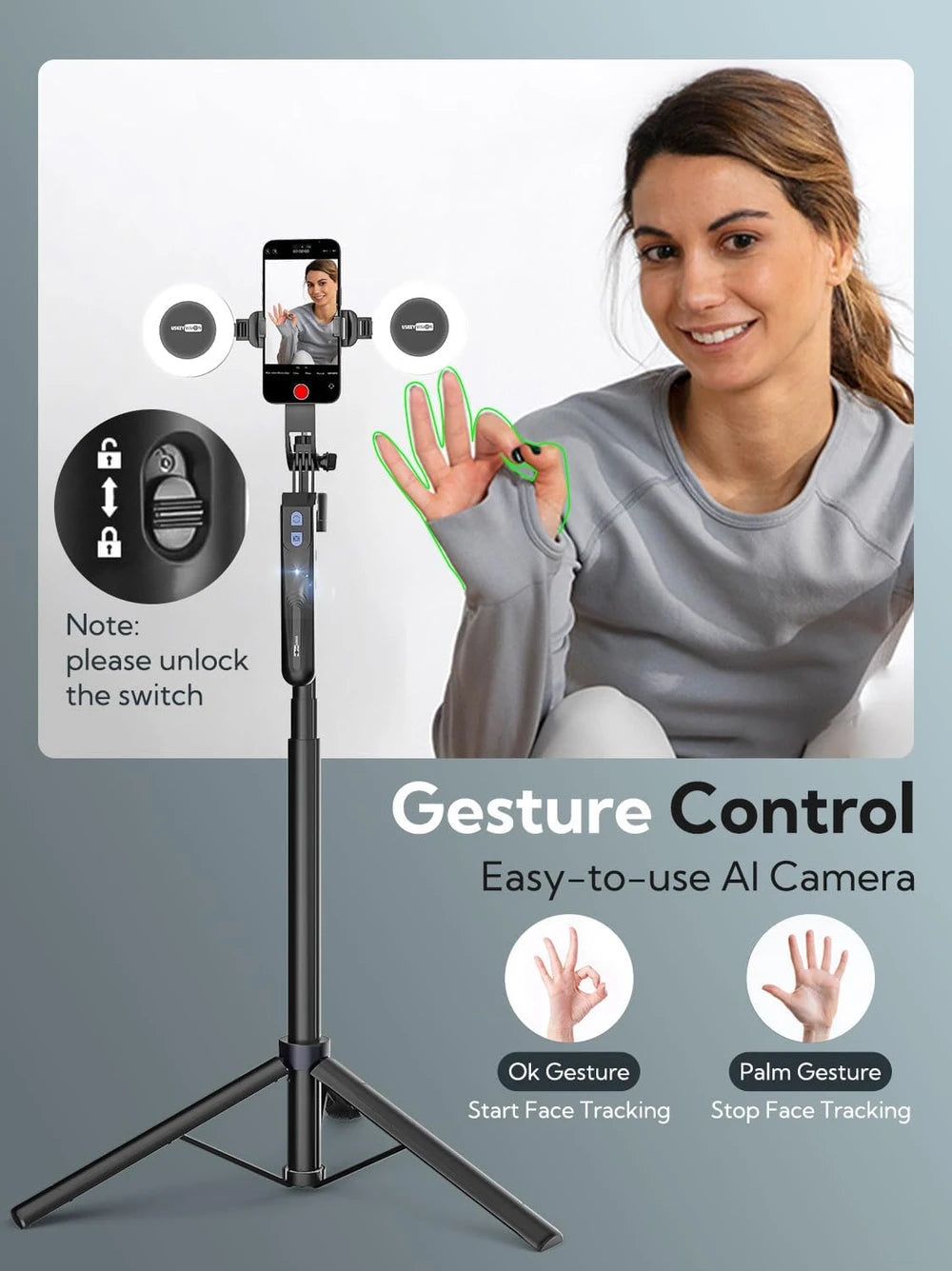 "Trípode Inteligente con Seguimiento Facial y Luz LED — Control por Gestos"